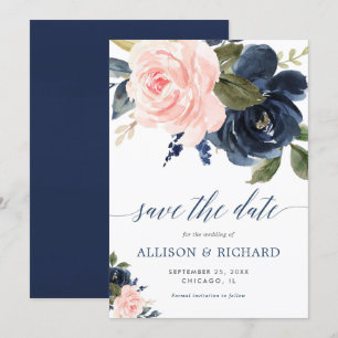 Invitation Rose et bleu marine floral enregistrer la date