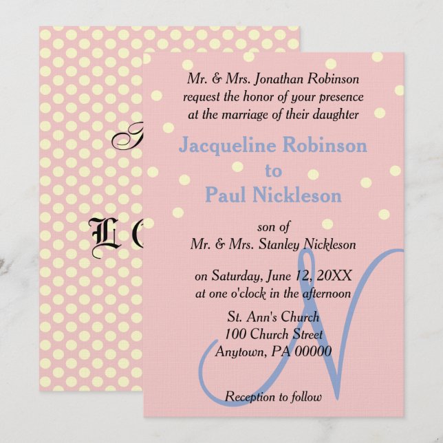 Invitation Rose et Bleu Monogramme Mariage Points Polka (Devant / Derrière)