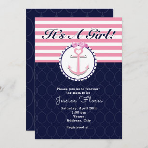 Invitation rose et bleue d'Ancre nautique de baby