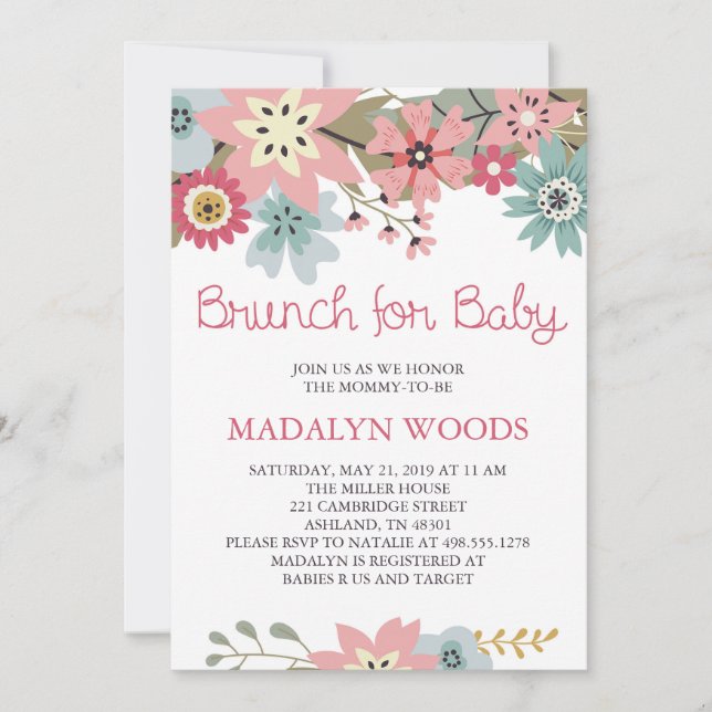 Invitation Rose et brunch floral bleu pour l'invitation de (Devant)