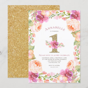 Invitation Rose et fête d'anniversaire de filles florales