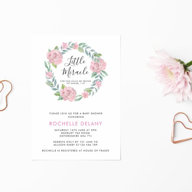 Invitation Rose et Feuille Wreath Little Miracle Baby shower (Créateur téléchargé)