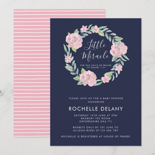 Invitation Rose et Feuille Wreath Little Miracle Baby shower (Devant / Derrière)