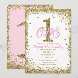Invitation Rose et filles d'or UNE ?ère fête d'anniversaire