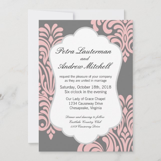 Invitation Rose et gris Damas moderne (Devant)
