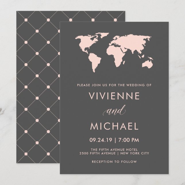 Invitation Rose et gris fumé | World Map Mariage (Devant / Derrière)