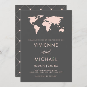 Invitation Rose et gris fumé   World Map Mariage