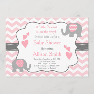 Invitation rose et grise de baby shower d'éléphant