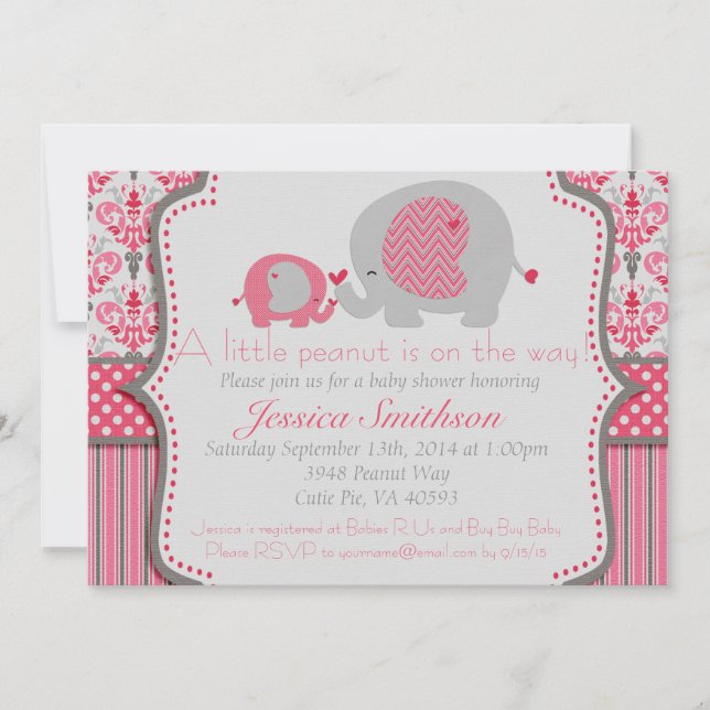 Invitation rose et grise de baby shower d'éléphant (Devant)