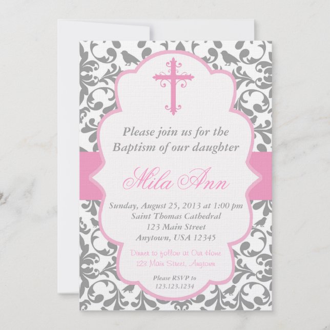 Invitation rose et grise de baptême de damassé de (Devant)