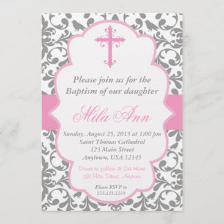 Invitation rose et grise de baptême de damassé de