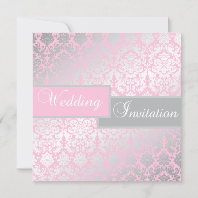 Invitation rose et grise de mariage damassé (Devant)