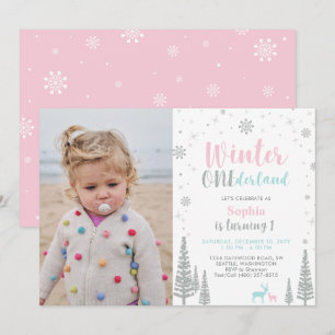 Invitation Rose et Menthe   Winter Onederland Fille 1er Anniv