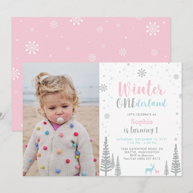Invitation Rose et menthe | Winter Onederland Girl 1er annive (Devant / Derrière)