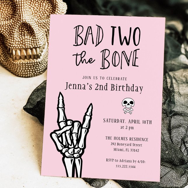 Invitation Rose et noir mauvais deux The Bone 2e fête d'anniv (Créateur téléchargé)