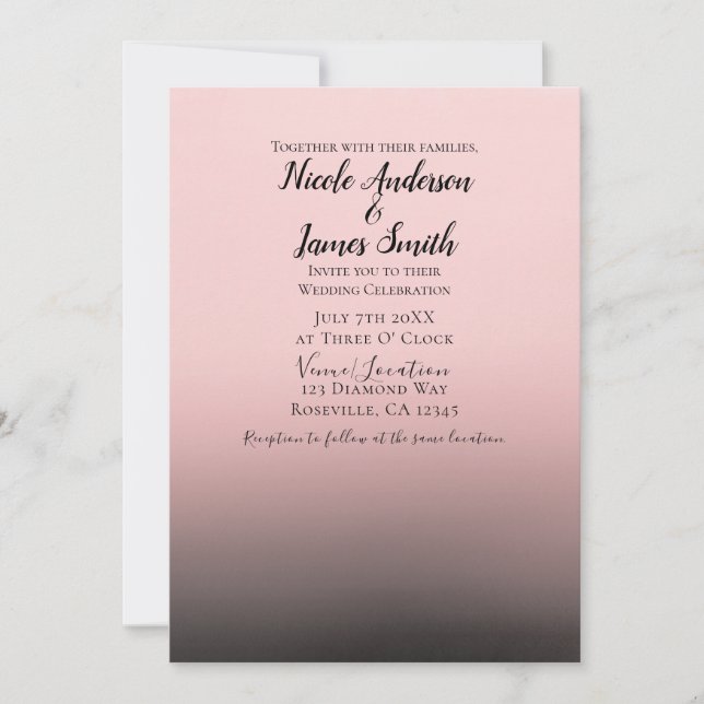 Invitation Rose et noir Ombre moderne Mariage chic (Devant)