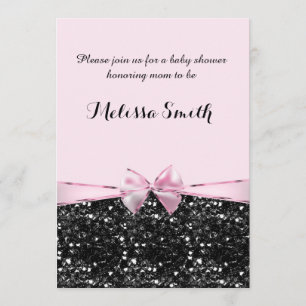 Invitation Rose et Noir Paillettes Glamour Nœud Fille Baby Sh