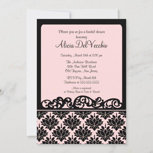 Invitation rose et noire de Fête de la mariée de (Devant)