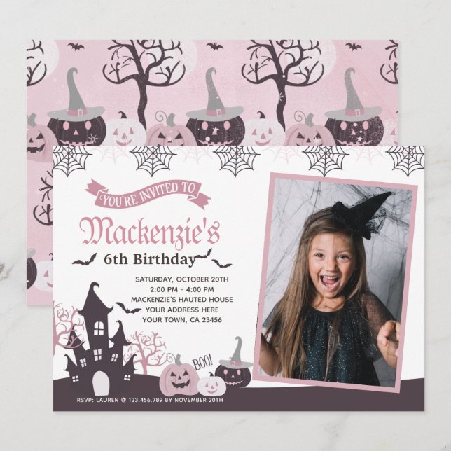 Invitation rose et noire de Halloween avec la (Devant / Derrière)