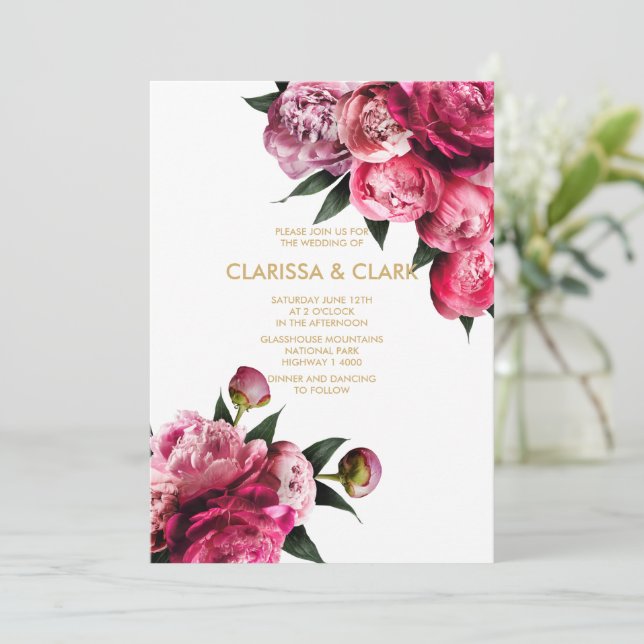 Invitation Rose et or avec Mariage de pivoines romantiques (Debout devant)
