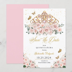 Invitation Rose et or blanc Tiara Enregistrer la date Quincea