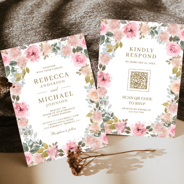 Invitation Rose et Or Code QR Fleurs Mariage (Créateur téléchargé)