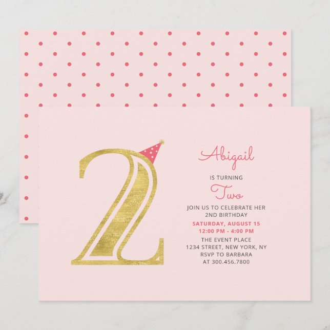 Invitation Rose et or | Cute Modern Girl 2e fête d'anniversai (Devant / Derrière)