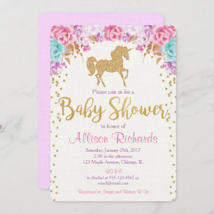 Invitation Rose et or d'invitation de baby shower de licorne