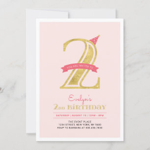 Invitation Rose et Or Fête d'anniversaire 2 ans pour fille