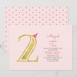 Invitation Rose et Or Fête de 2e anniversaire d'une jolie f