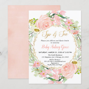 Invitation Rose et or fleuri Sip et Voir