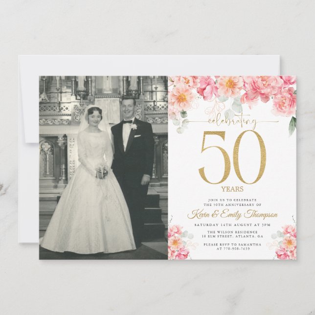 Invitation Rose et Or Floral 50e Anniversaire (Devant)