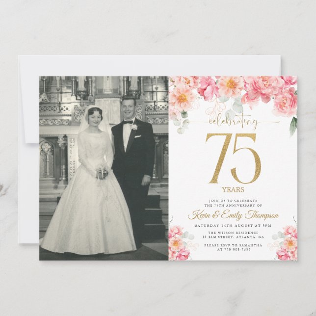 Invitation Rose et Or Floral 75e Anniversaire (Devant)