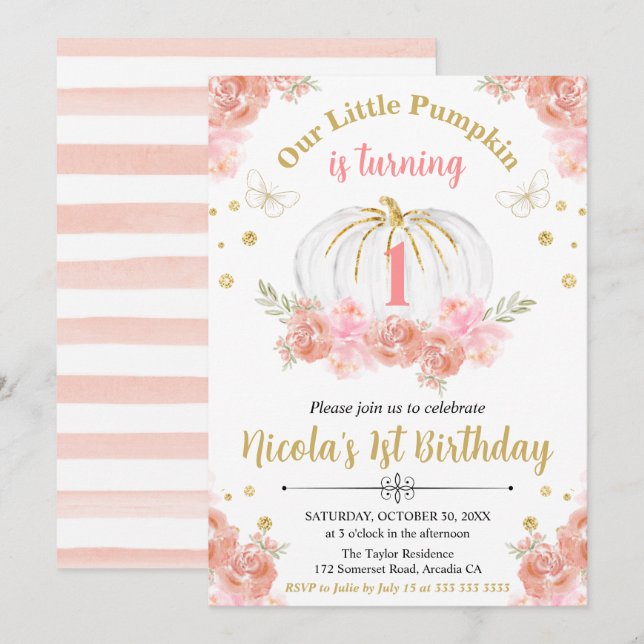 Invitation Rose et or Floral Citrouille fille 1er anniversair (Devant / Derrière)