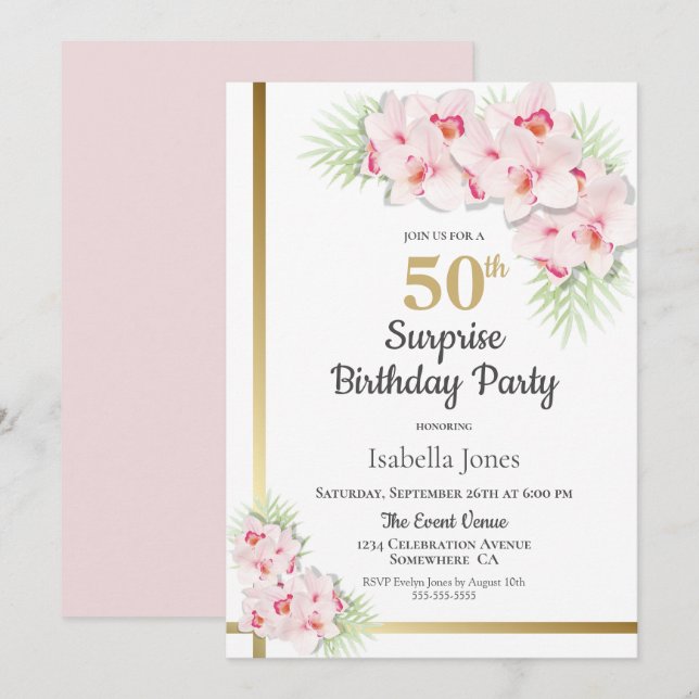 Invitation Rose et or Floral Surprise 50e anniversaire fête (Devant / Derrière)