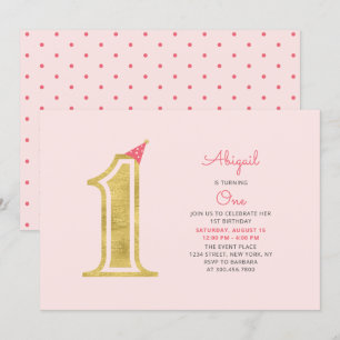 Invitation Rose et or   Jolie Fille Moderne 1ère fête d'anniv
