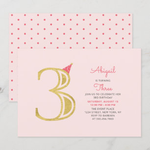 Invitation Rose et or   Jolie Fille Moderne 3e fête d'anniver