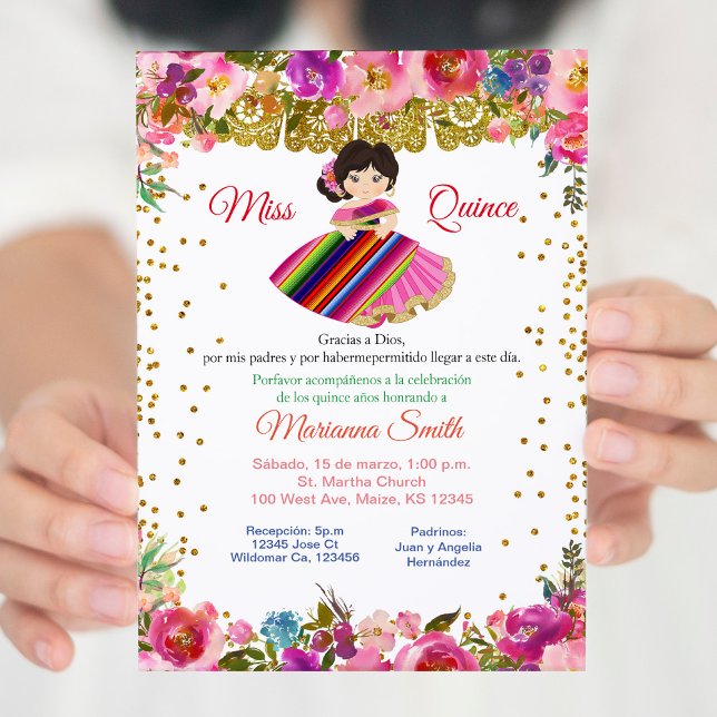 Invitation Rose et or Miss Quinceañera mexicaine (Créateur téléchargé)