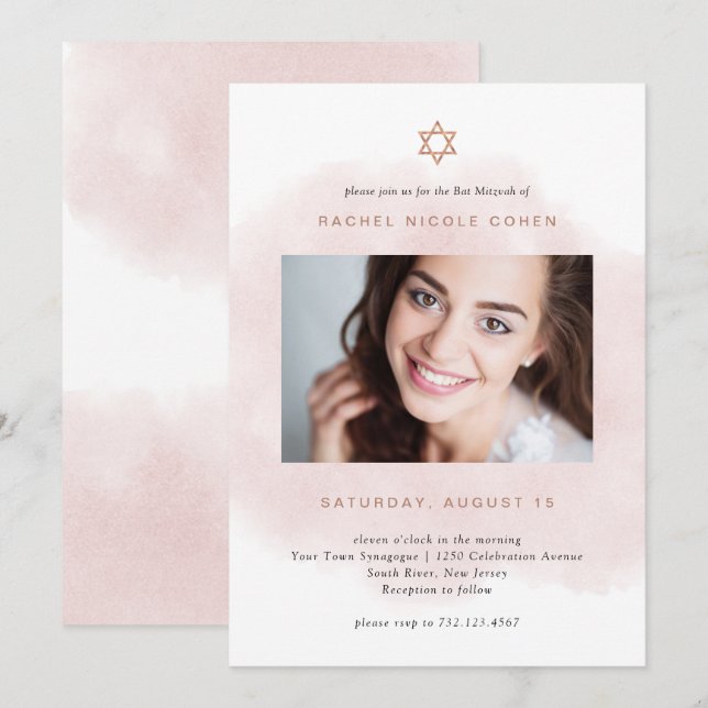 Invitation Rose et or Rose| Bat mitzvah photo (Devant / Derrière)