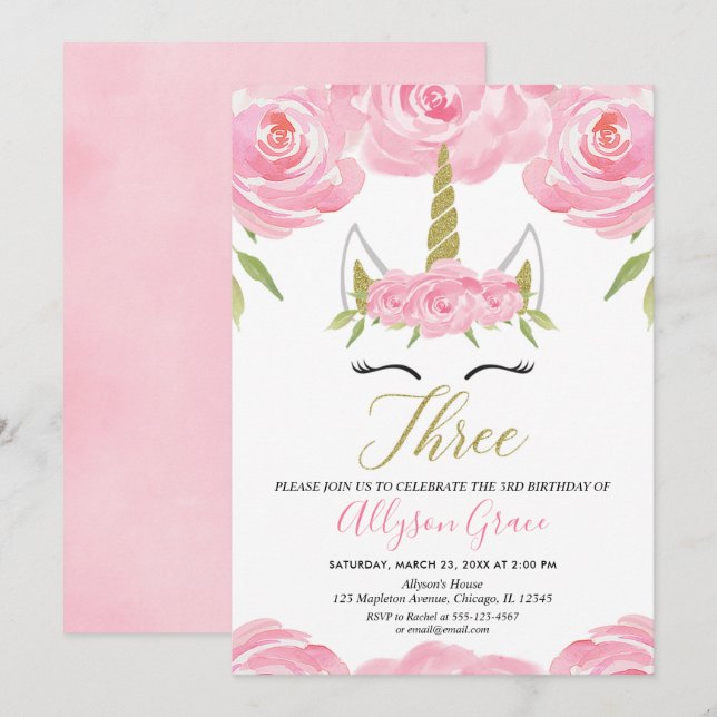Invitation rose et or Unicorn 3e anniversaire fille (Devant / Derrière)