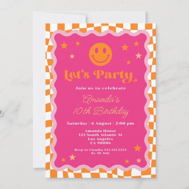 Invitation Rose Et Orange Joyeux Visage À damiers Fille Anniv (Devant)