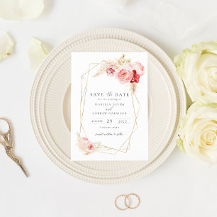 Invitation Rose et Pampas Grass Gold Frame Enregistrer la dat