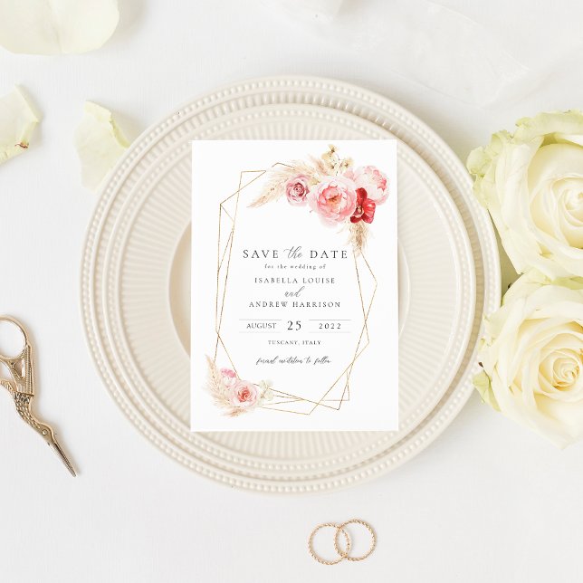Invitation Rose et Pampas Grass Gold Frame Enregistrer la dat (Créateur téléchargé)