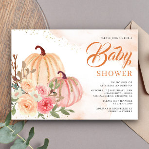 Invitation Rose et pêche, florale de citrouille, Baby Shower