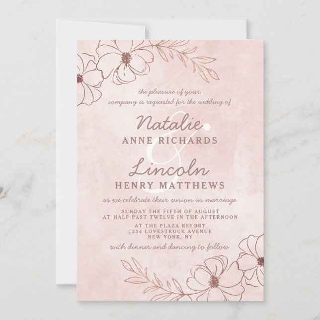 Invitation Rose et Rose or Foil Floral Mariage encadré (Devant)