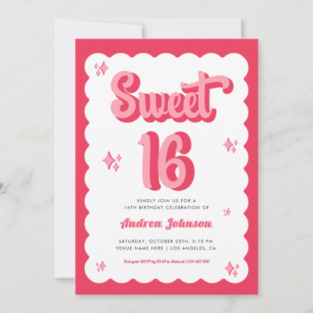 Invitation Rose et rouge Super rétro Sweet 16 Anniversaire (Devant)