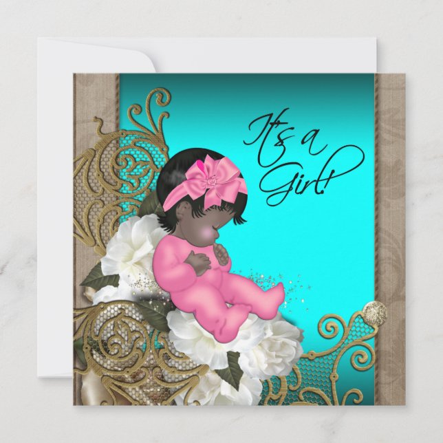 Invitation Rose et Turquoise Bleu bébé fille Douche (Devant)
