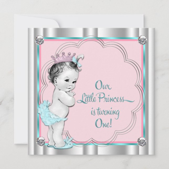 Invitation Rose et Turquoise Blue Princess 1er anniversaire (Devant)