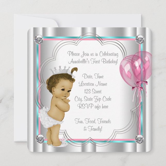 Invitation Rose et Turquoise Blue Princess 1er anniversaire (Dos)