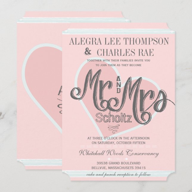 Invitation Rose et Turquoise M. et Mme Mariages de typographi (Devant / Derrière)